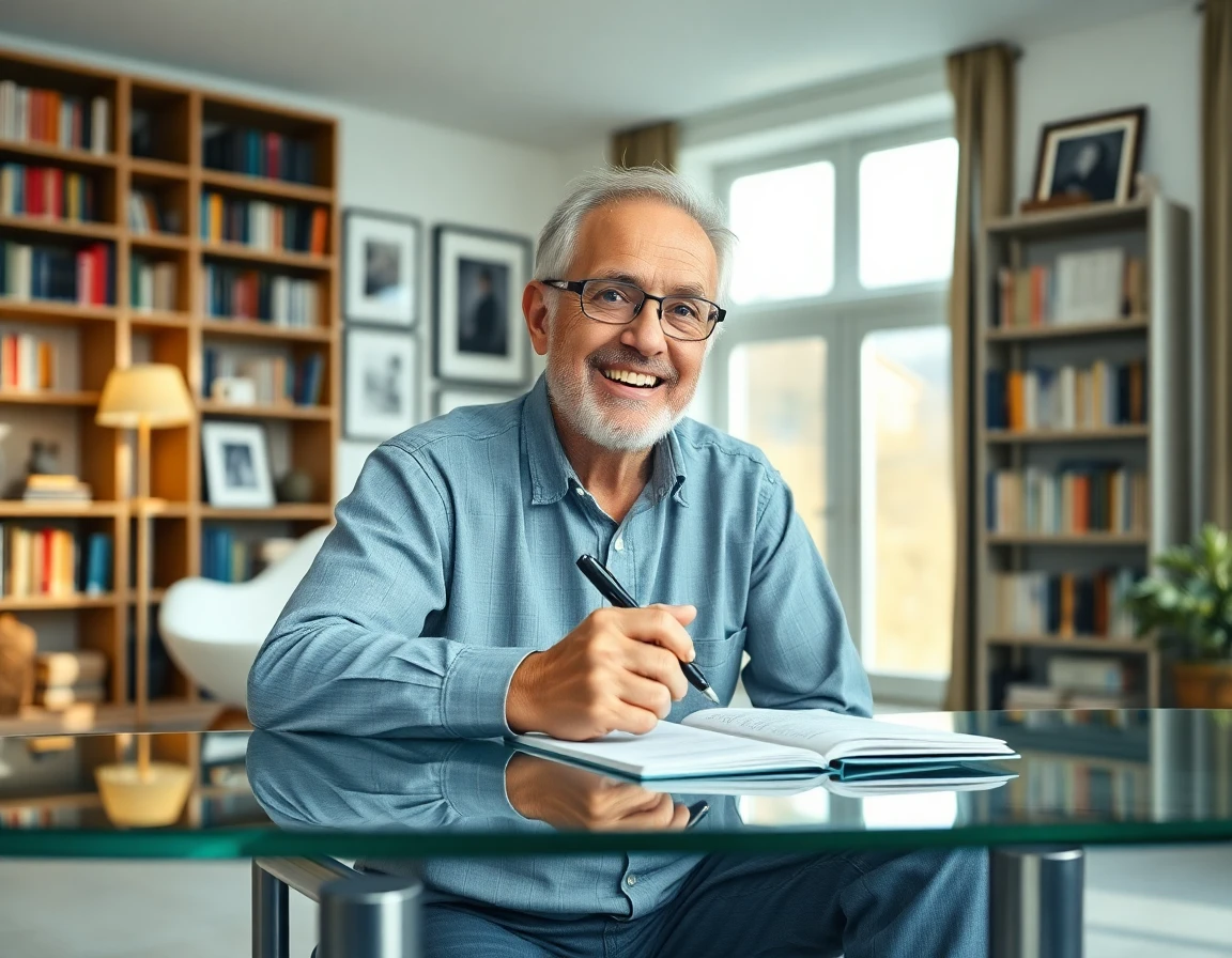 Elderly male author in a bright home office, mid-conversation, with bookshelves in the background