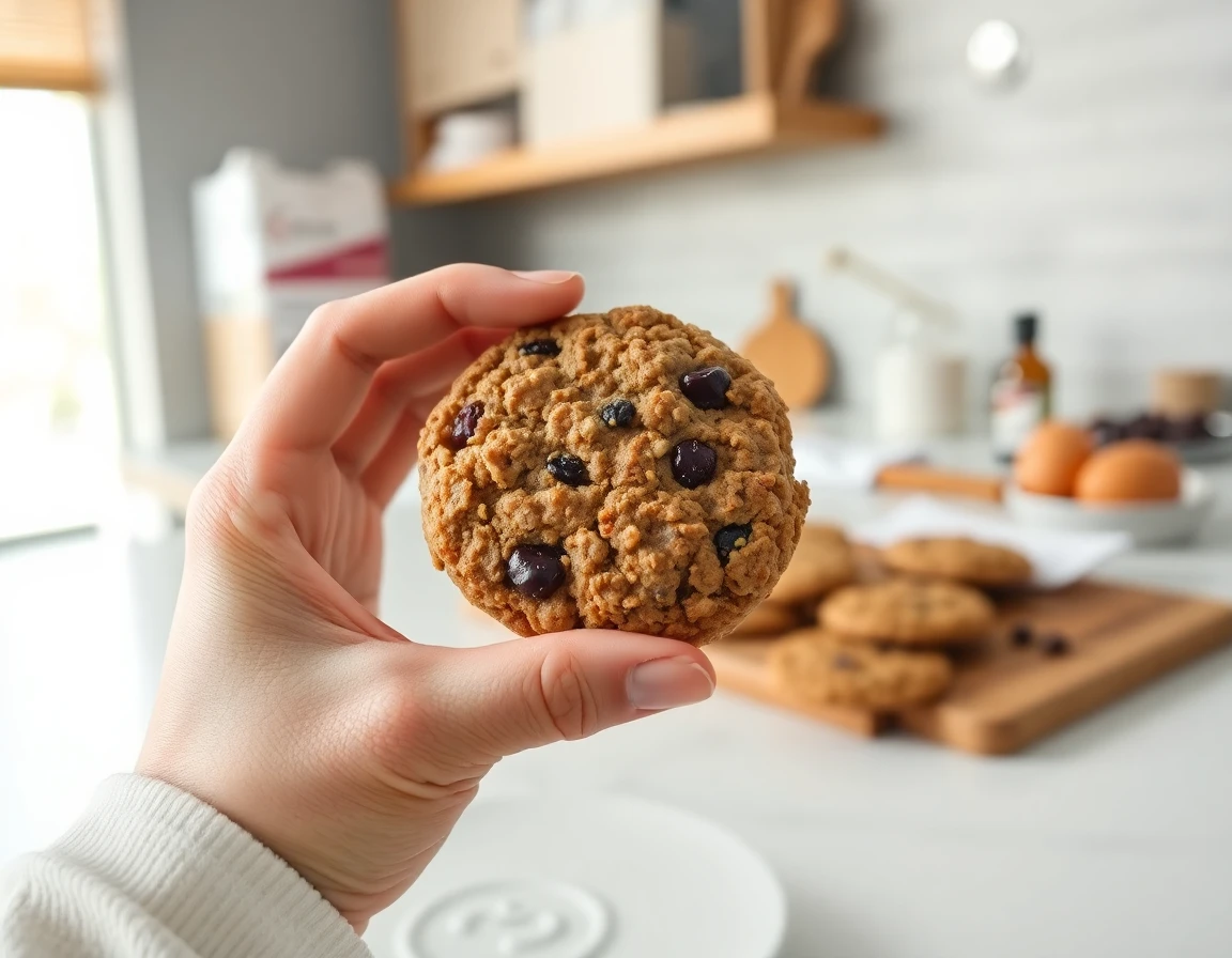 Close-up of hand holding oatmeal raisin cookie with baking ingredients in background