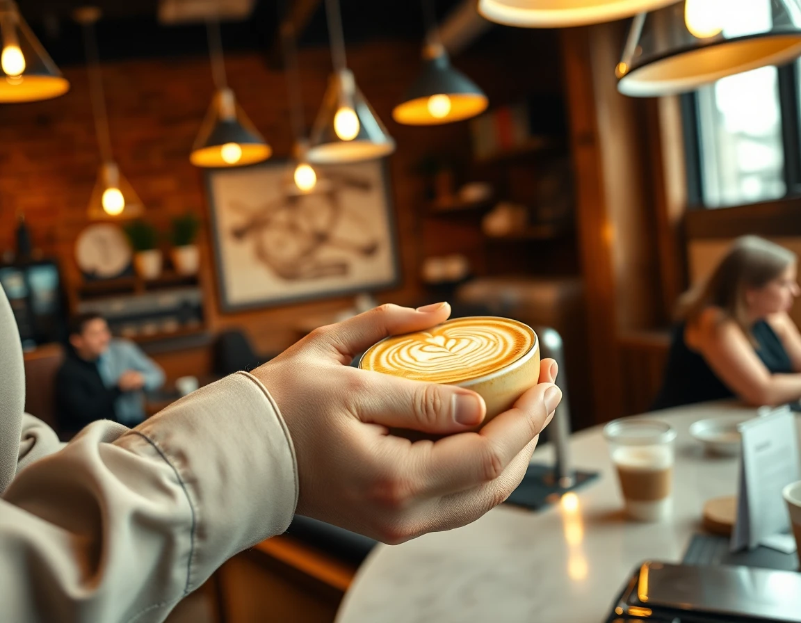 Close-up of hands creating latte art in cozy cafe with warm lighting