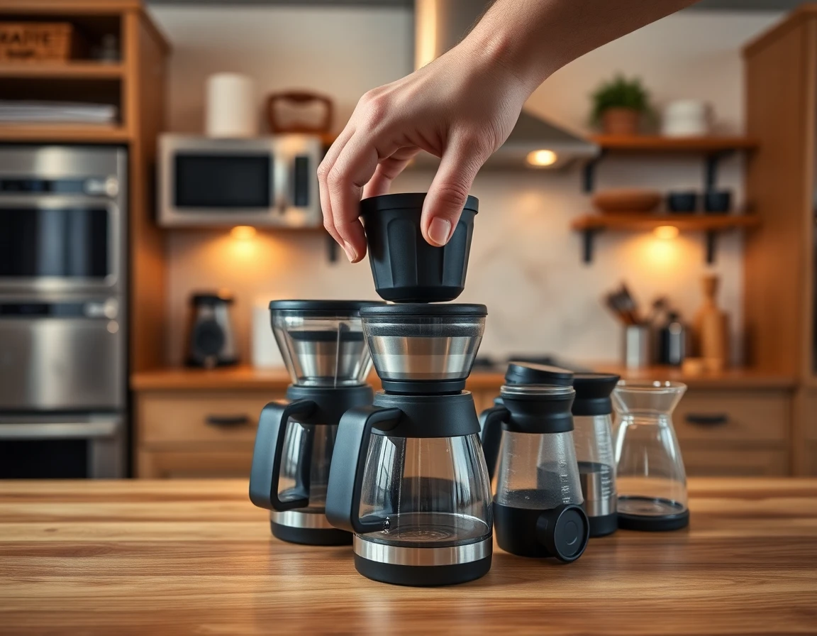 close-up of hand stacking bulk coffee makers in cozy home kitchen for article