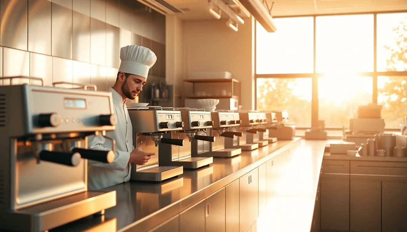 professional chef inspecting bulk coffee appliances in modern kitchen for home cafe