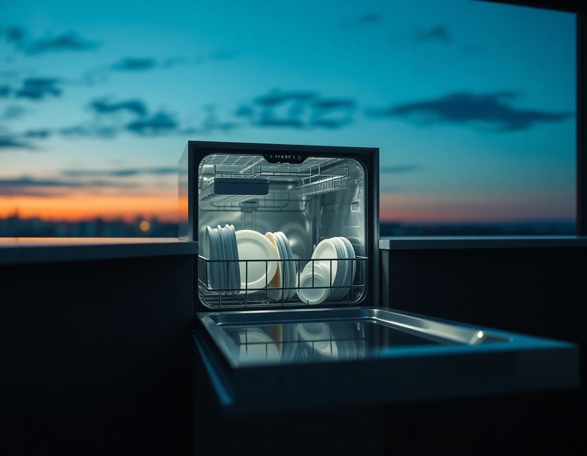 Modern dishwasher with open door in minimalist kitchen at twilight