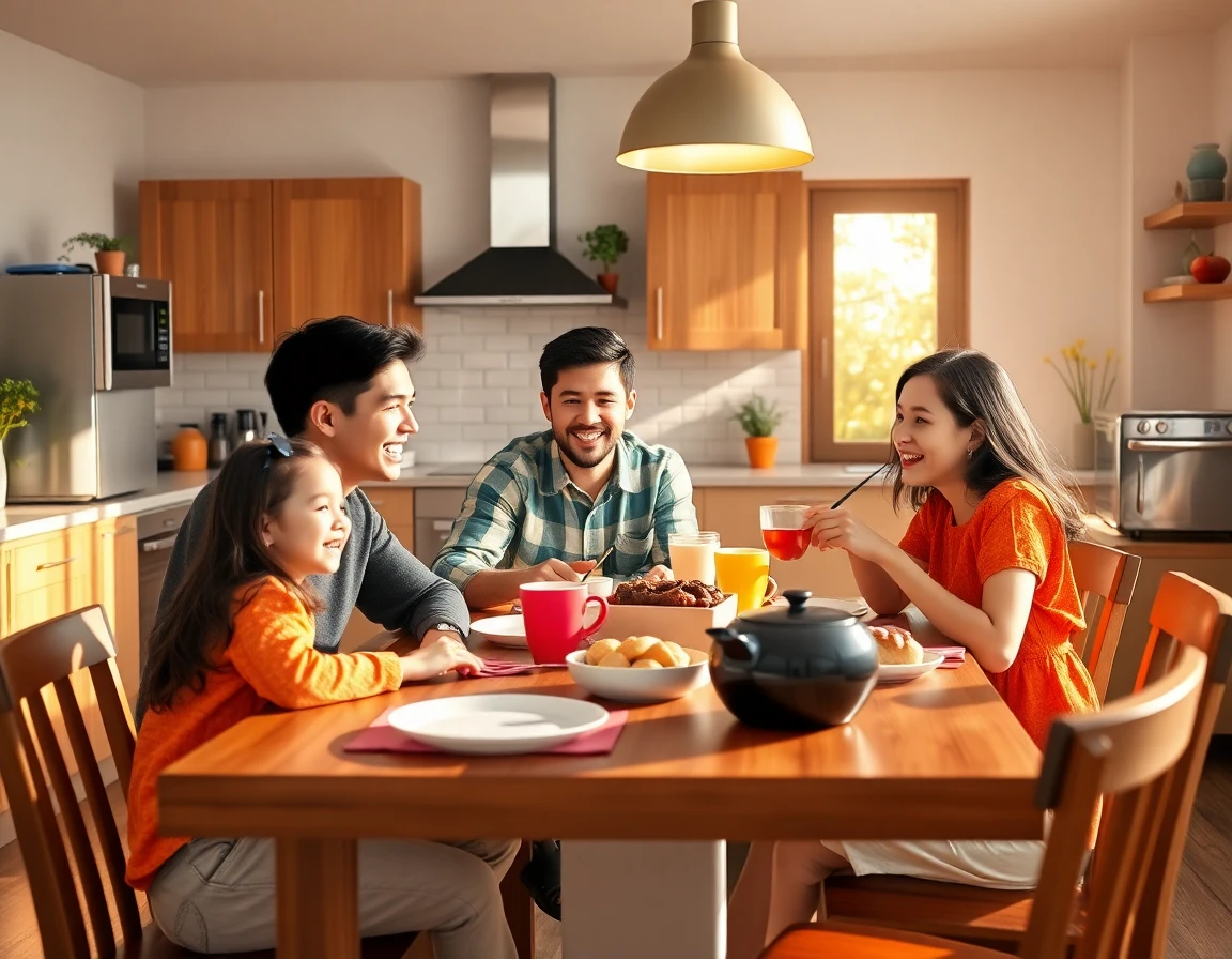 Family enjoying breakfast in bright modern kitchen with smart appliances