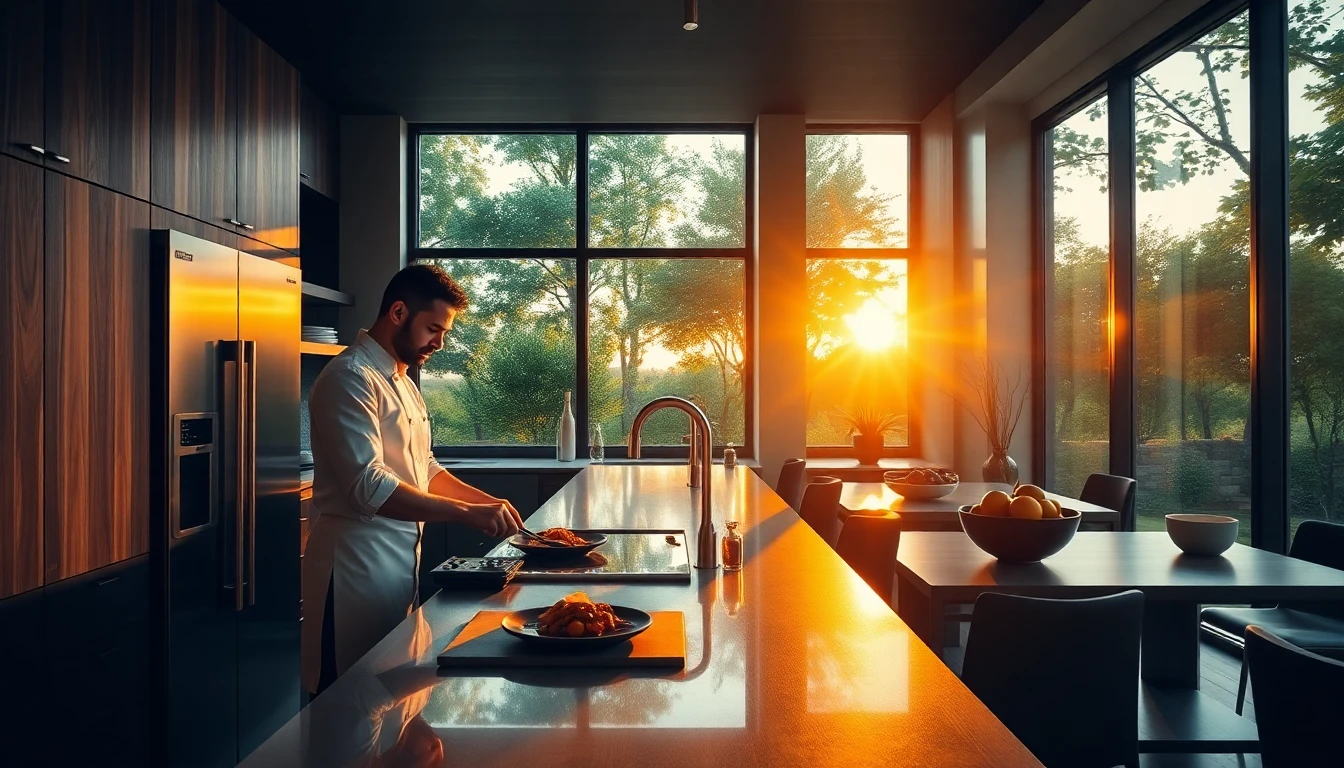 Luxury modern kitchen with professional chef and high-end appliances during golden hour