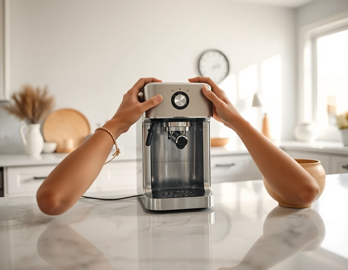 Close-up of hands installing stainless steel coffee maker in bright modern kitchen