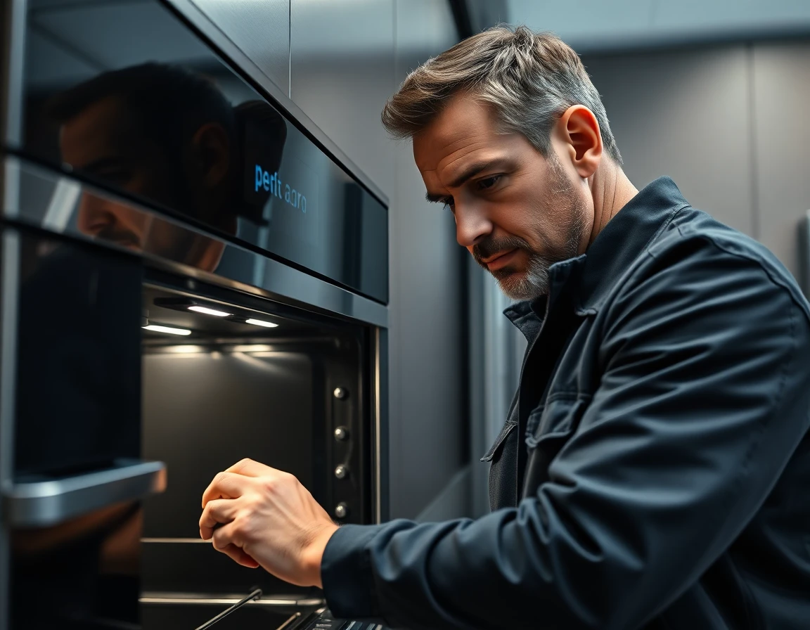 Technician inspecting built-in oven in modern kitchen with professional lighting