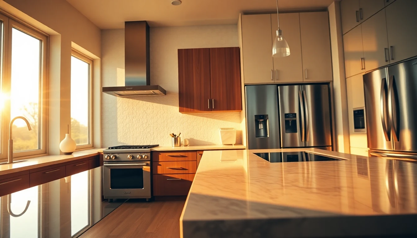Modern home kitchen with Cafe Appliances, warm golden hour lighting, cinematic wide shot