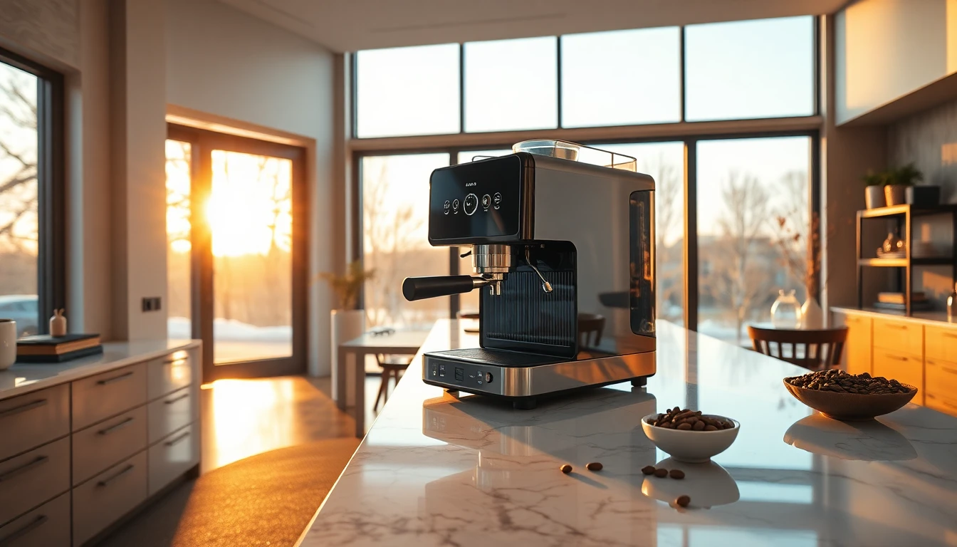 Elegant modern kitchen with high-end coffee machine during golden hour