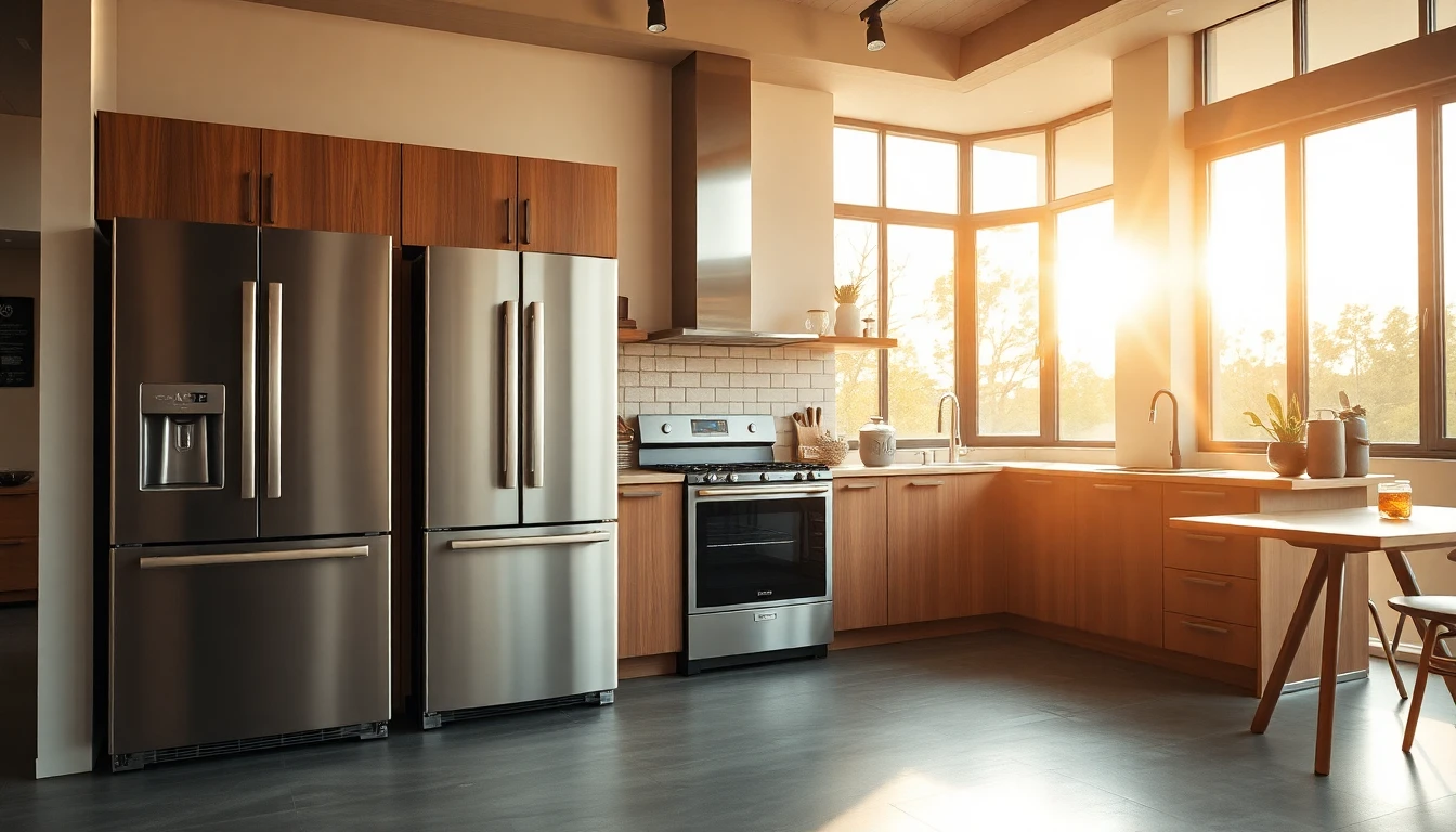 Modern kitchen with Cafe Appliances, sleek refrigerator and oven, warm natural light, inviting home setting