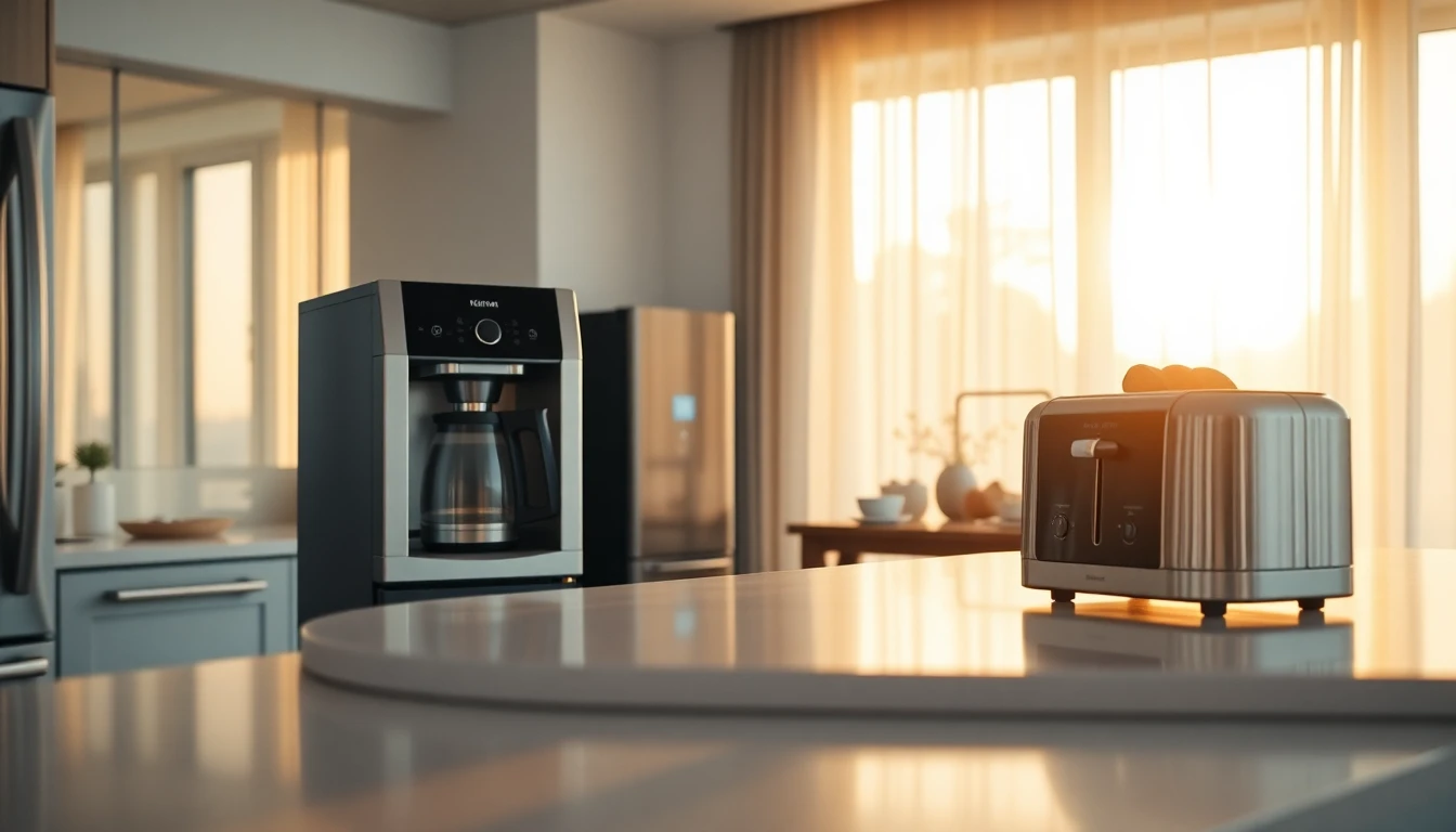 Cinematic wide banner of modern kitchen with appliances, bright, inviting, professional