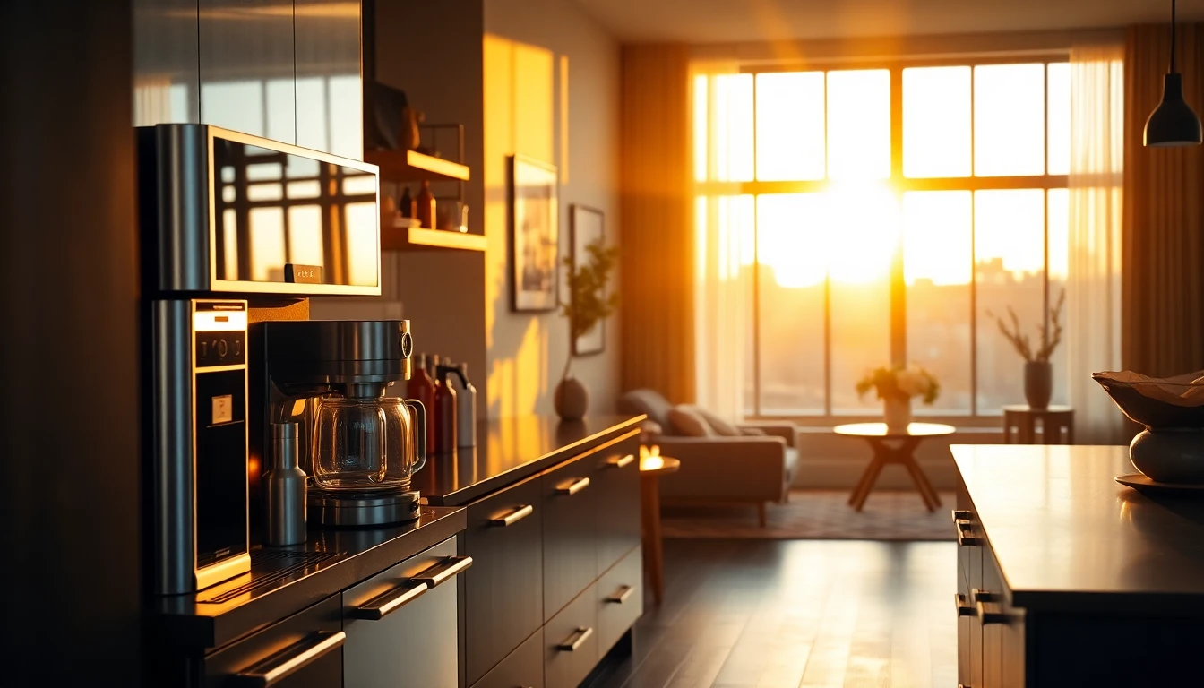 Elegant home kitchen with café appliances bathed in golden hour sunlight