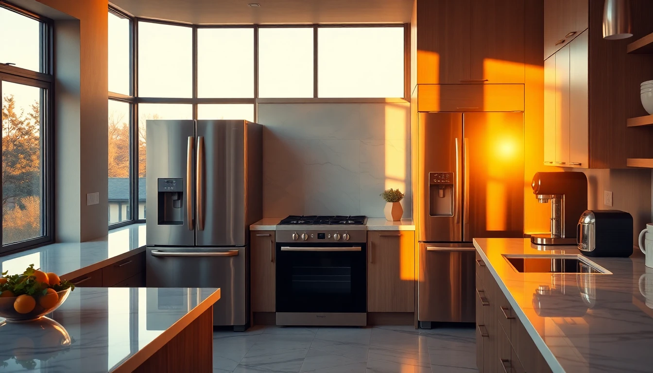 luxury modern kitchen with Cafe appliances in warm golden hour lighting
