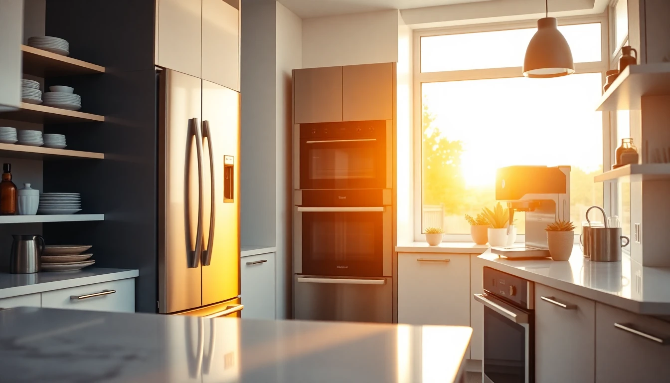 Modern kitchen with organized Cafe Appliances during golden hour, inviting and sleek