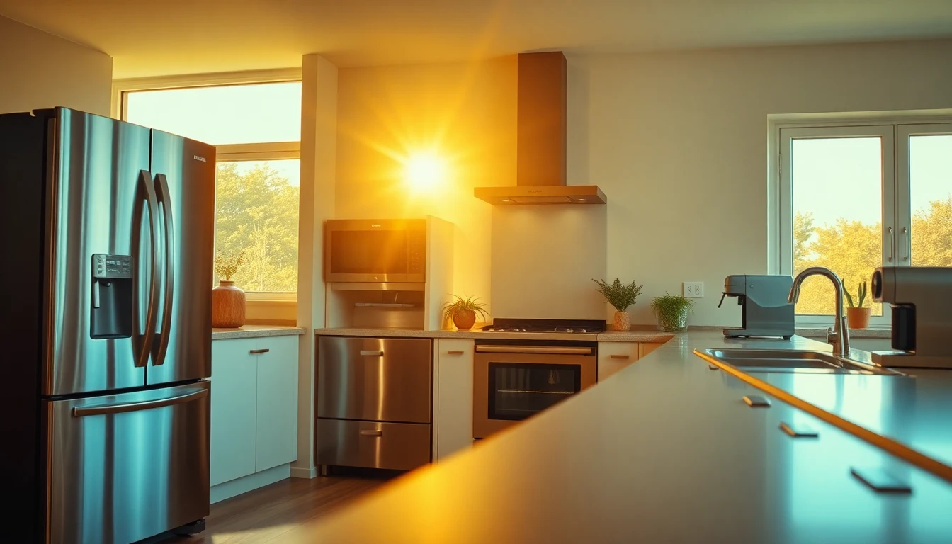 Elegant modern kitchen with Cafe Appliances bathed in golden hour sunlight