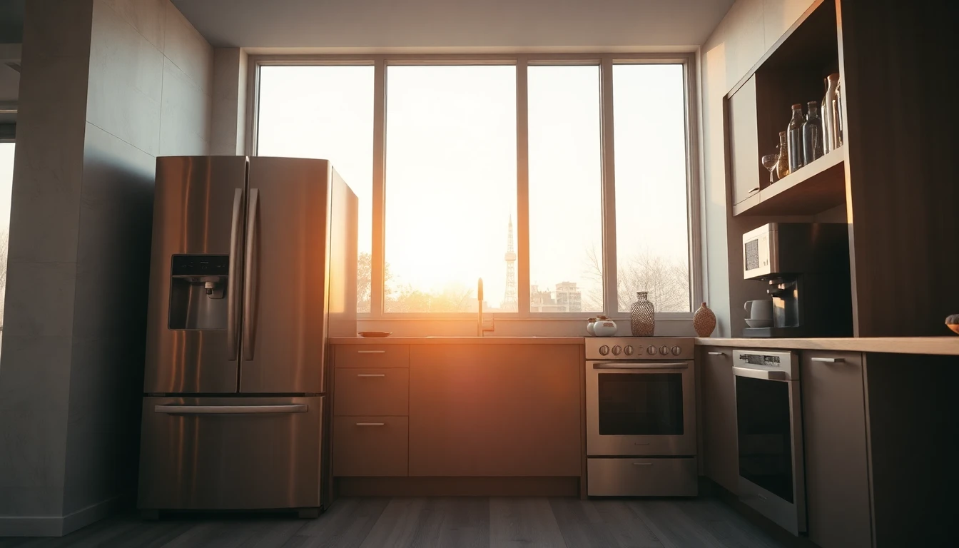 Elegant modern home kitchen with Cafe Appliances during golden hour, inviting and professional