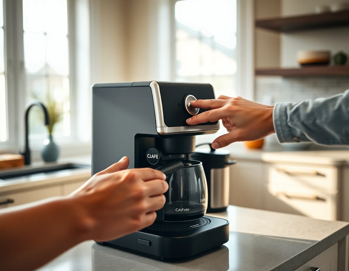 Close-up of hands adjusting Cafe coffee maker in a modern kitchen, warm inviting atmosphere