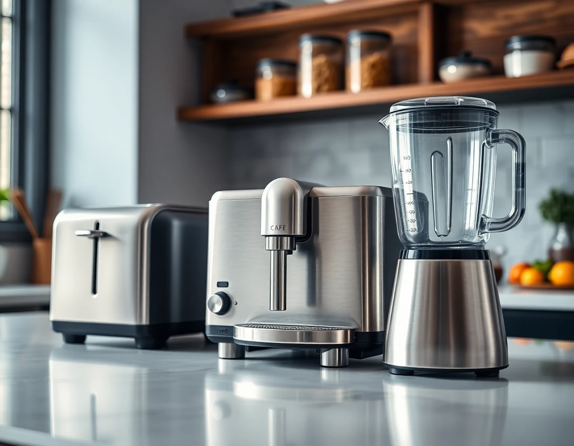Close-up of aligned Cafe Appliances on a clean kitchen countertop with soft lighting