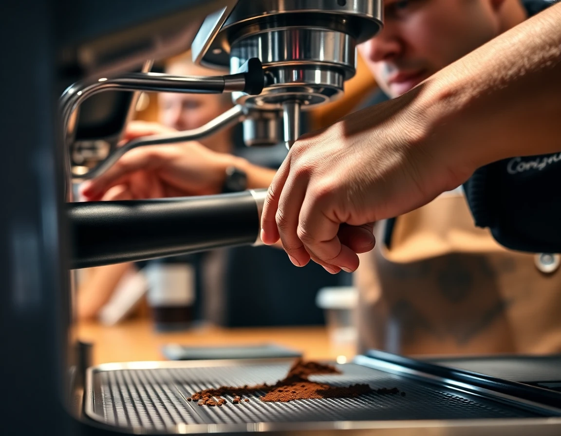 Barista operating espresso machine, macro shot, warm natural light, professional kitchen atmosphere