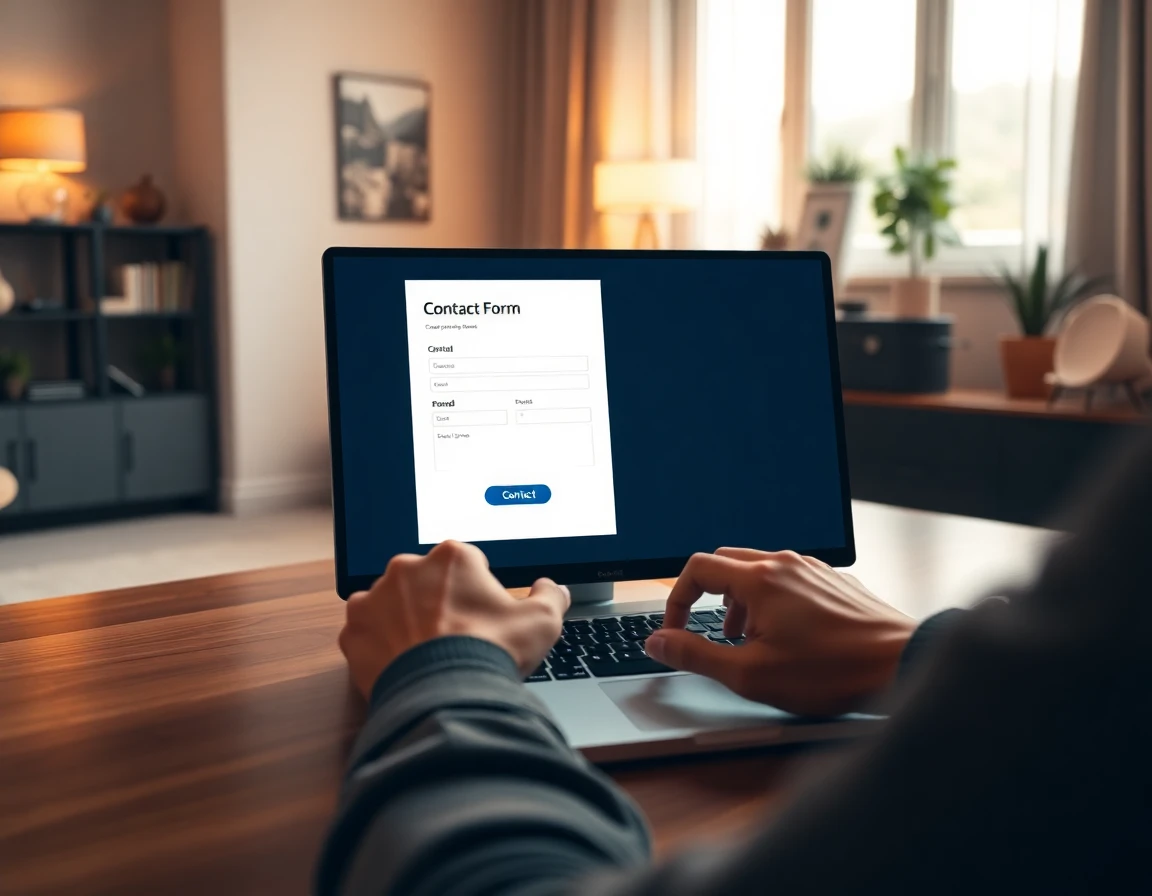 Hands typing on a contact form displayed on a computer in a stylish home office