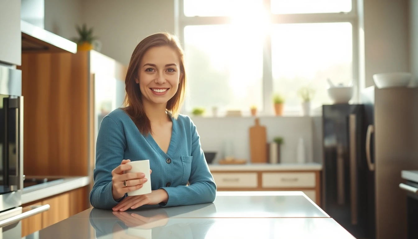 Modern kitchen with friendly woman and stainless appliances for 'Contact Us' banner