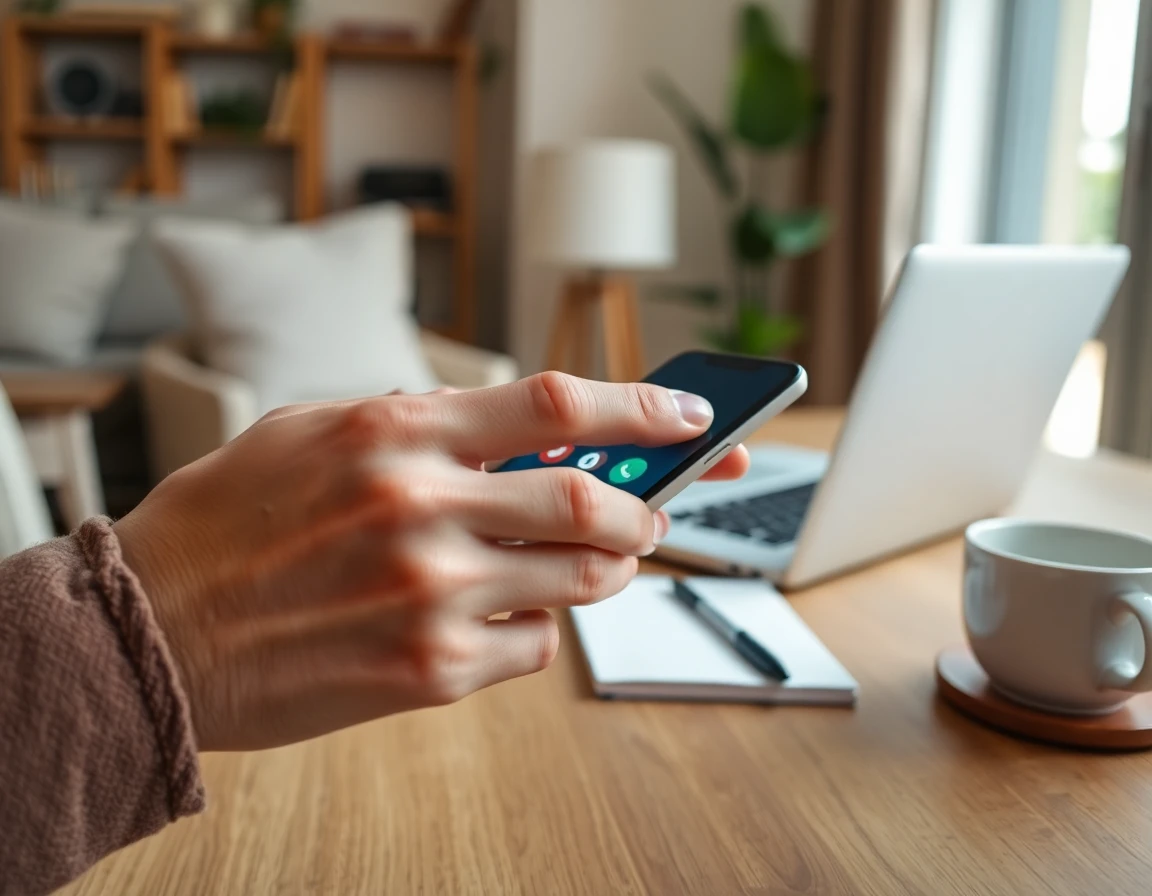 Close-up of hands dialing on smartphone in home office for contact section