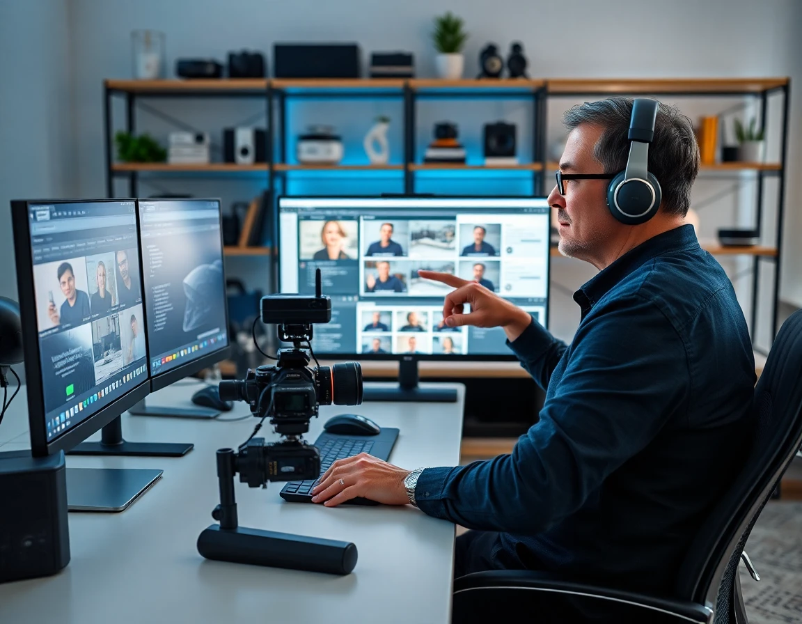 Professional content creator editing link insertion tutorial in modern home office