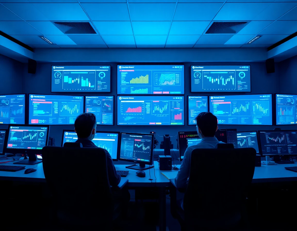 High-tech content moderation workspace with dashboards and multiple monitors displaying removal workflows