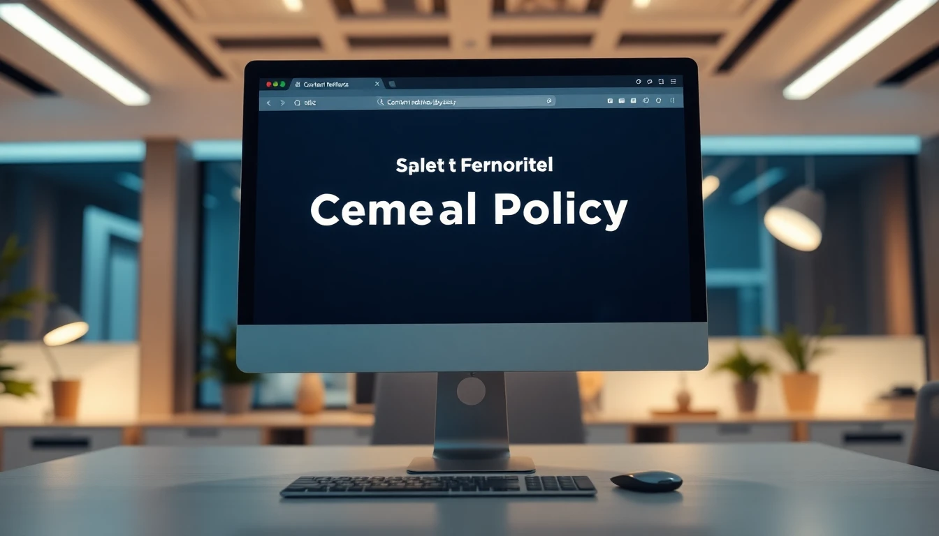 Cinematic wide banner of a computer screen displaying content removal policy in a modern office setting