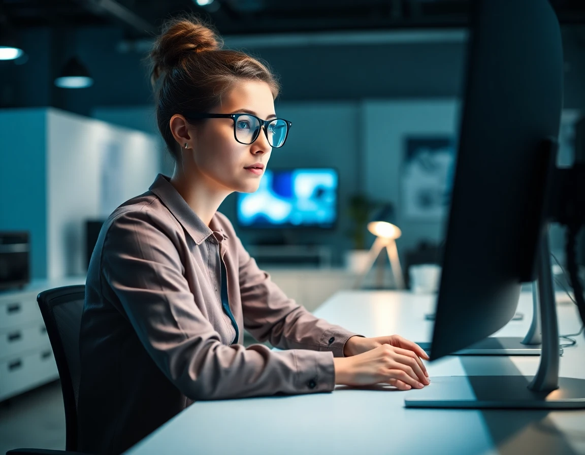 IT professional reviewing digital content removal policies on a modern monitor in a tech office