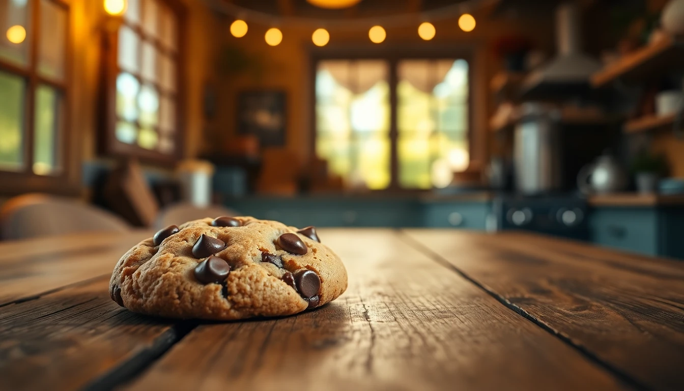 Cinematic wide banner of a chocolate chip cookie on rustic wooden table in warm cafe setting