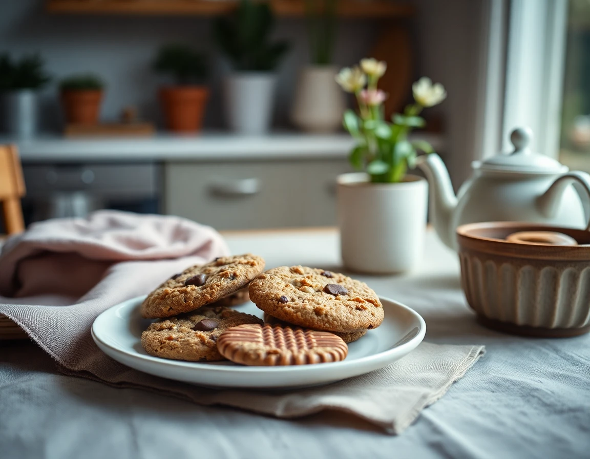 Assorted homemade cookies on plate with cozy home kitchen background