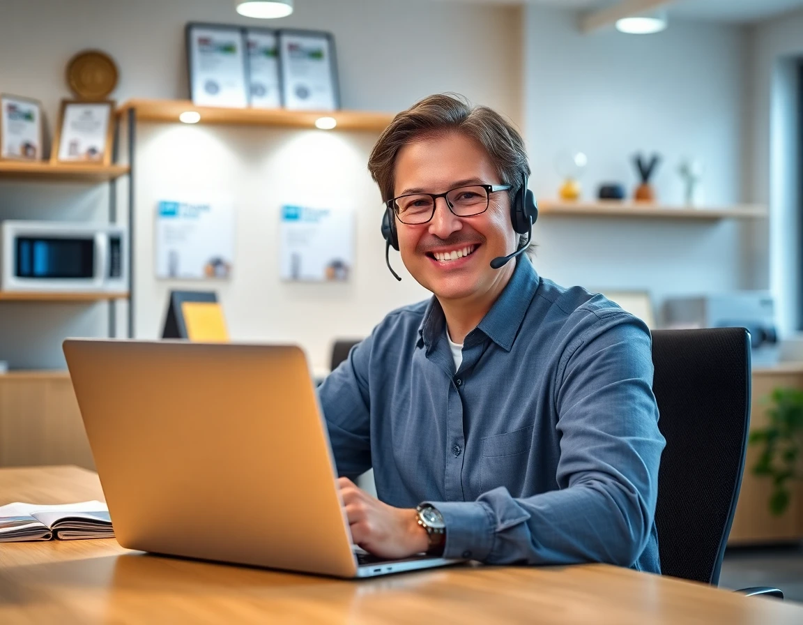 Customer service representative smiling at desk with laptop displaying refund policy