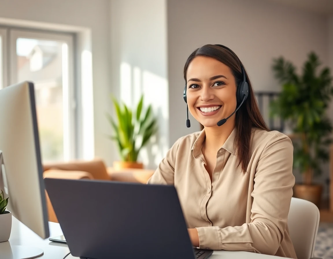 Friendly customer service representative smiling in a cozy home office for contact page