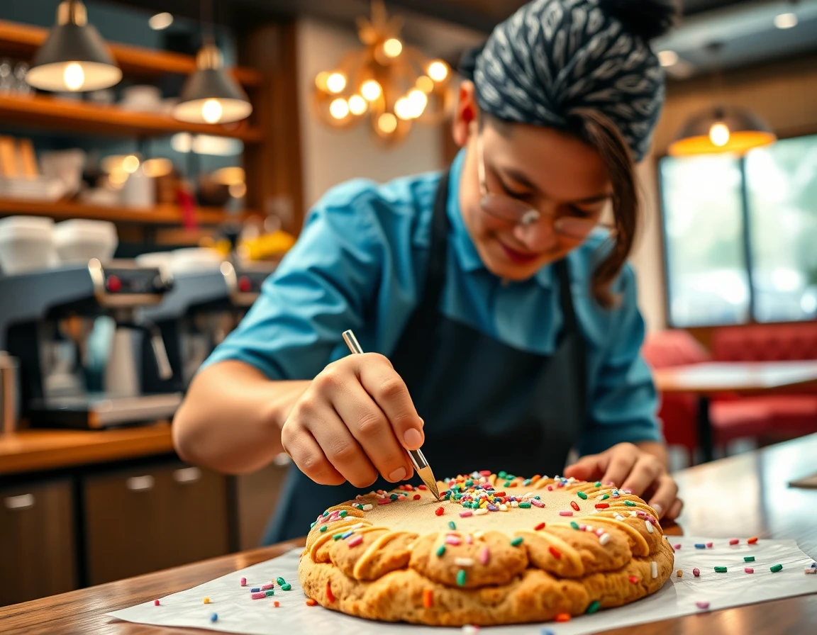 Barista decorating sugar cookie with colorful icing in modern cafe setting