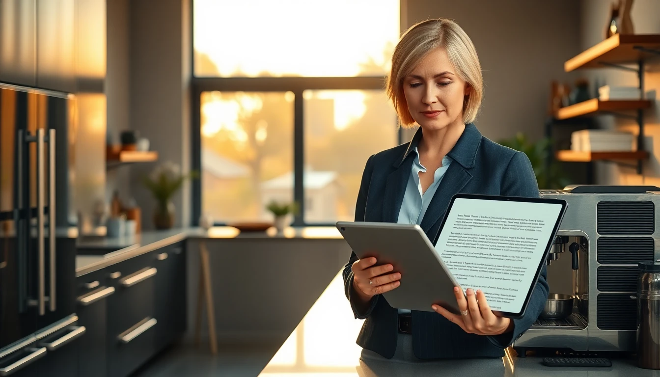 Modern kitchen with professional woman reviewing legal disclaimer on tablet