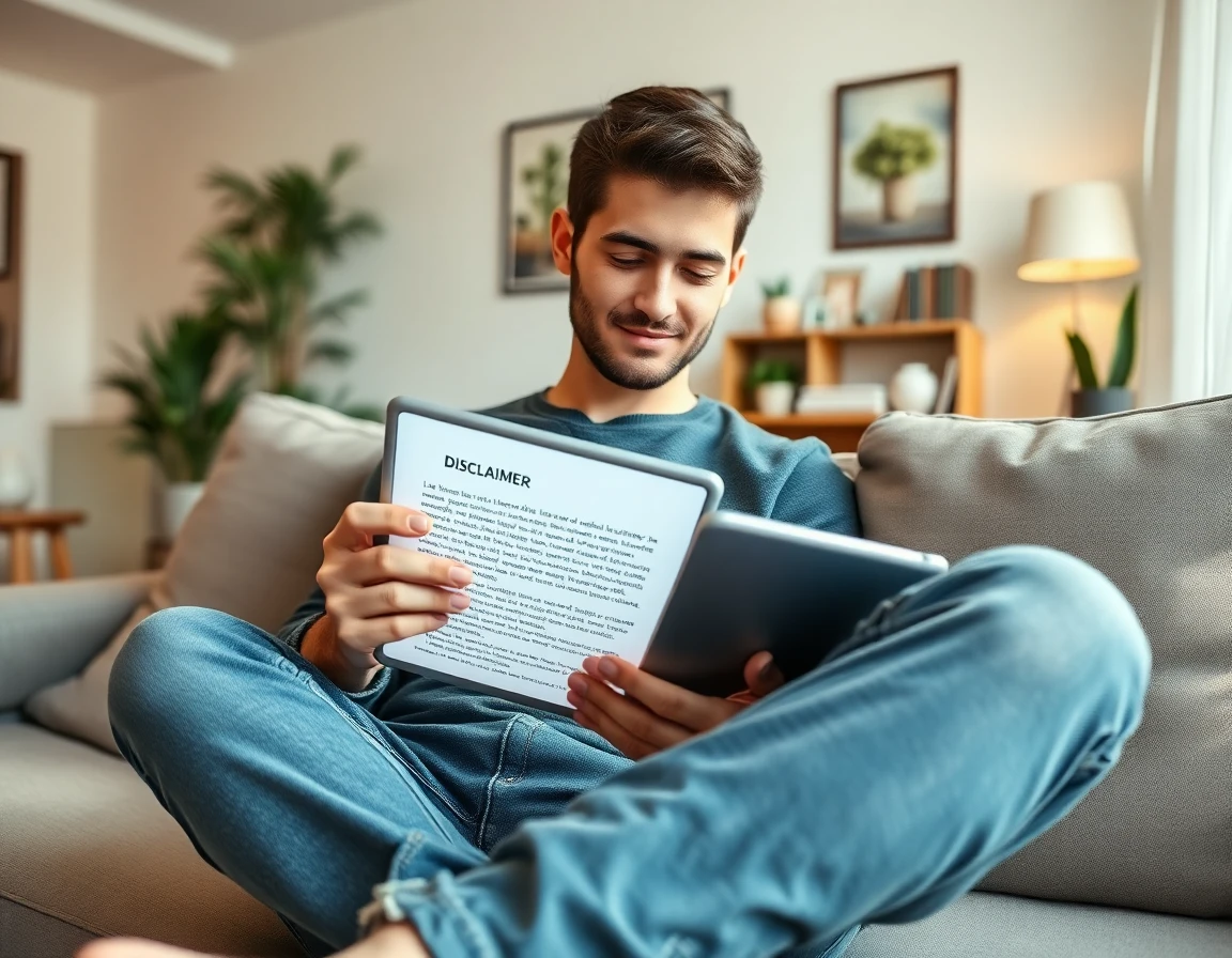 Young man reading disclaimer on tablet in cozy living room