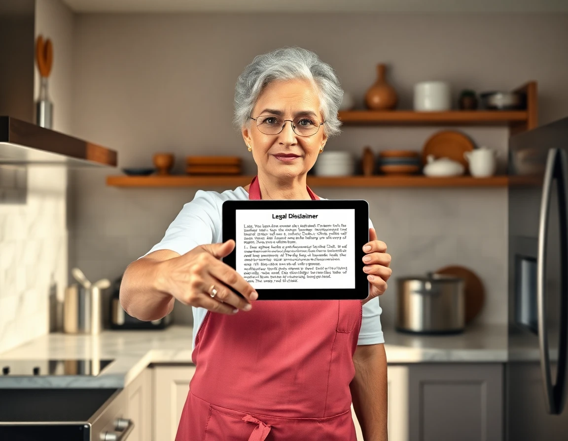 Elderly woman pointing at digital disclaimer in modern kitchen