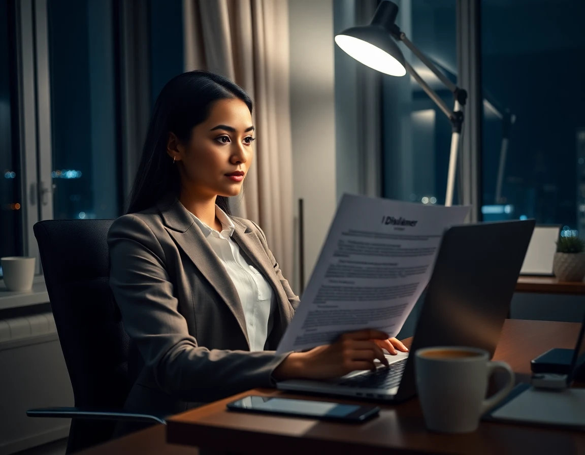 Businesswoman reviewing disclaimer on laptop in night home office