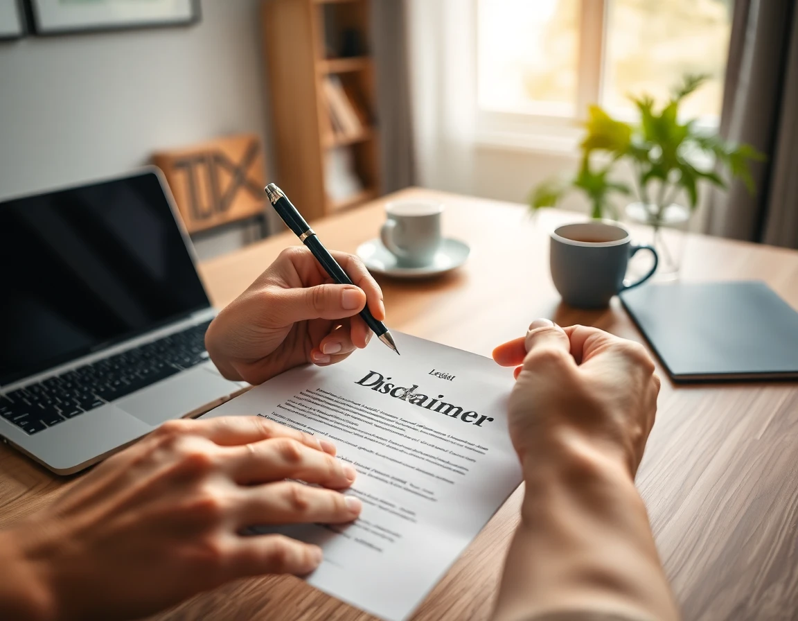 Hands reviewing legal disclaimer document in home office setting