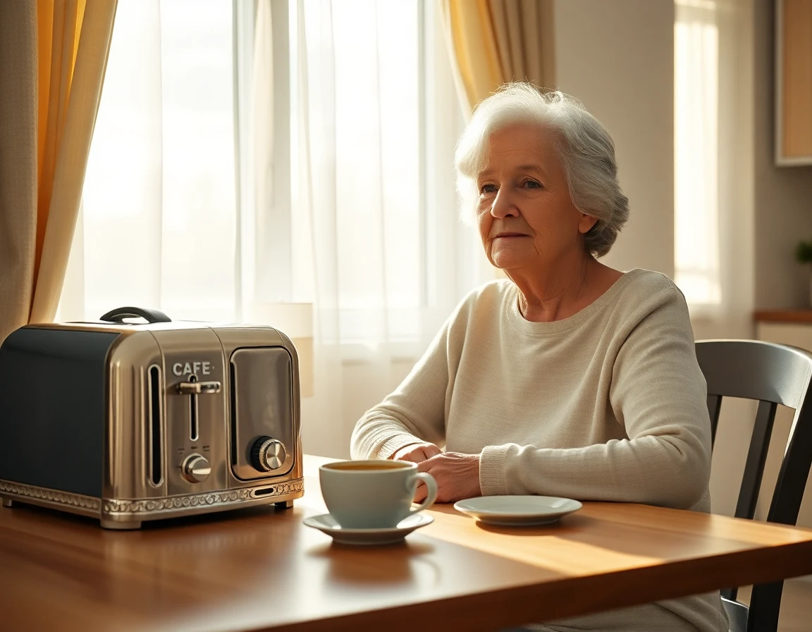 Elderly woman enjoying morning coffee in cozy sunlit kitchen with café appliances