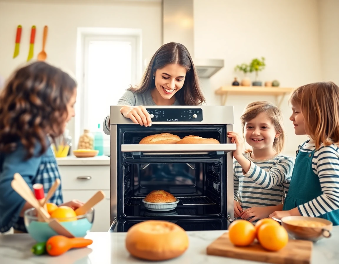 Family baking with modern oven, cheerful kitchen, natural daylight, lively home atmosphere
