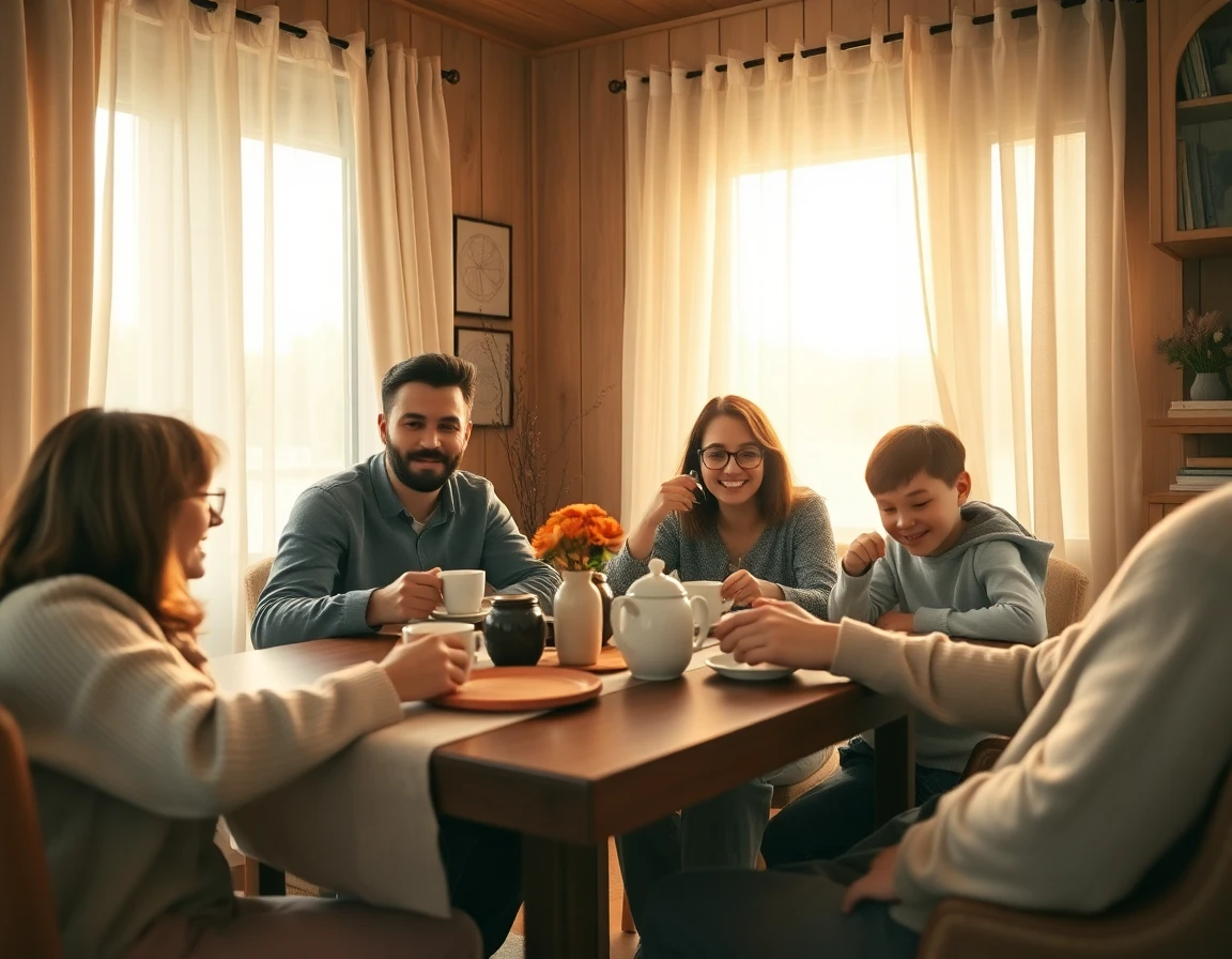 Family enjoying coffee in cozy breakfast nook during morning light