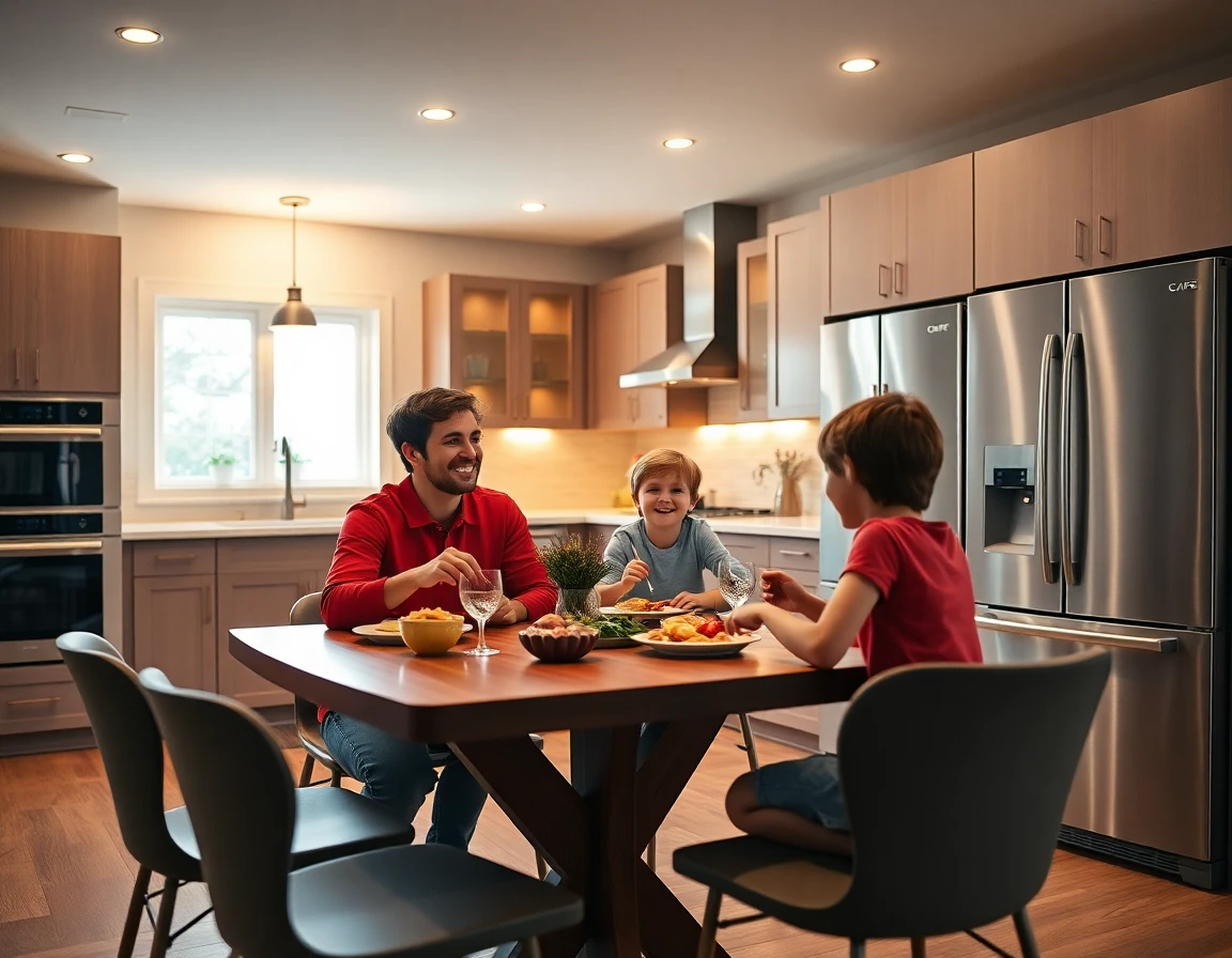 Family enjoying meal in modern kitchen with Cafe Appliances and warm lighting