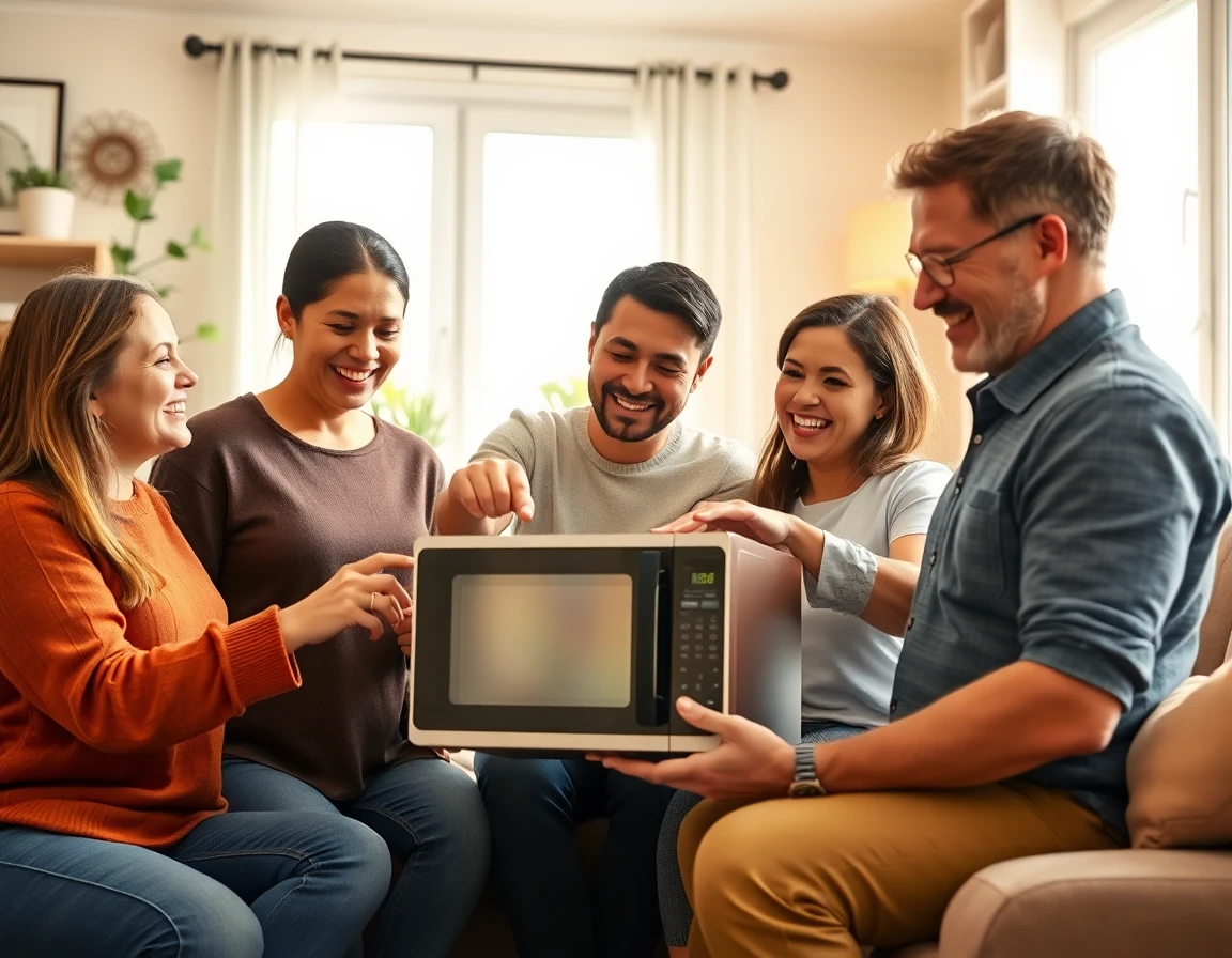 Family inspecting new home appliance in cozy living room, smiling, happy, trusting