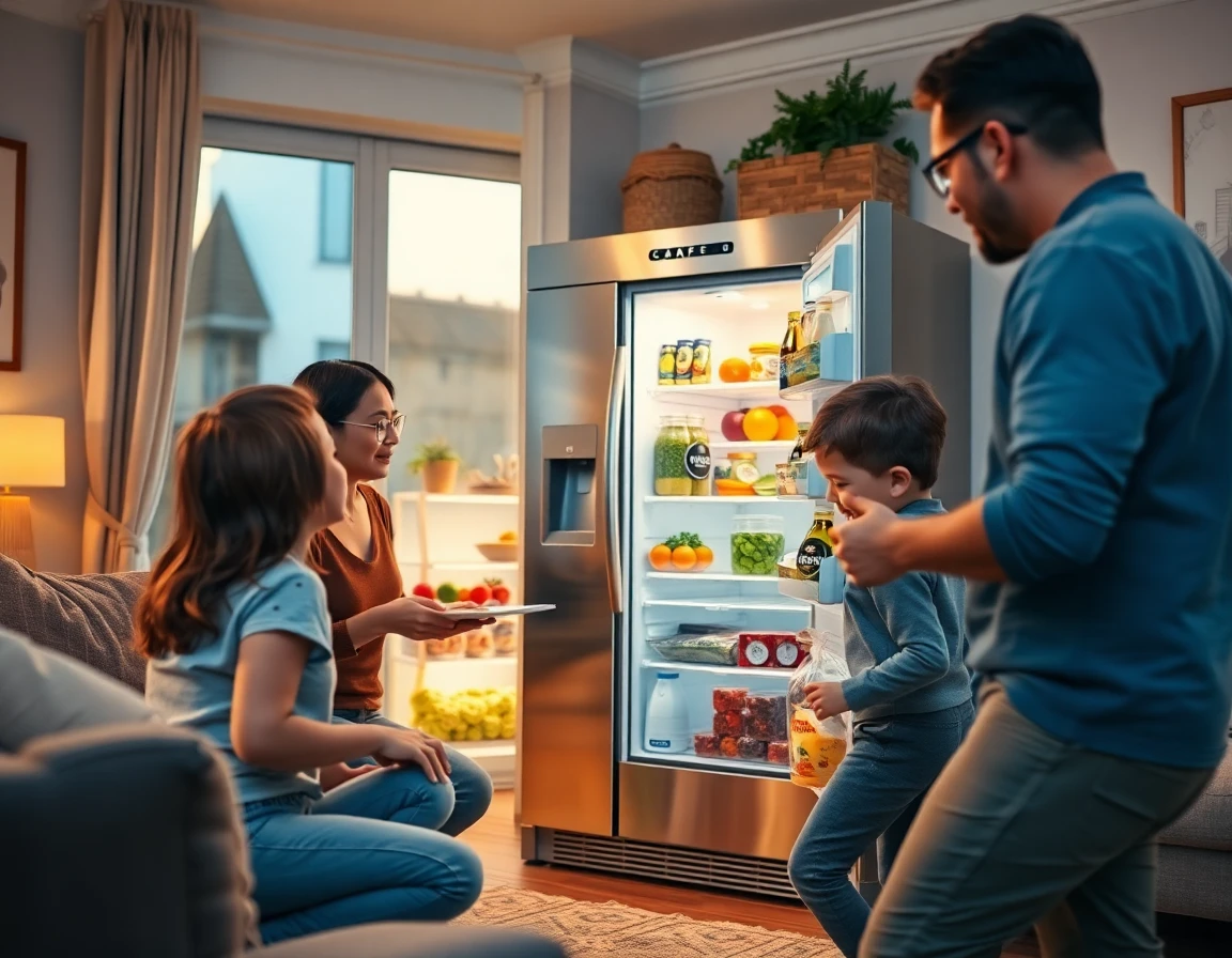 Family enjoying time together around modern café refrigerator in cozy home