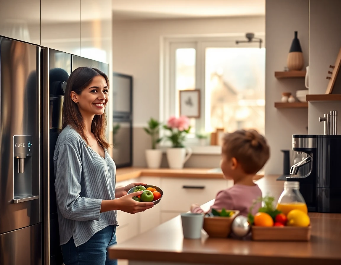 Family preparing breakfast in a bright modern kitchen with Cafe appliances, warm and inviting