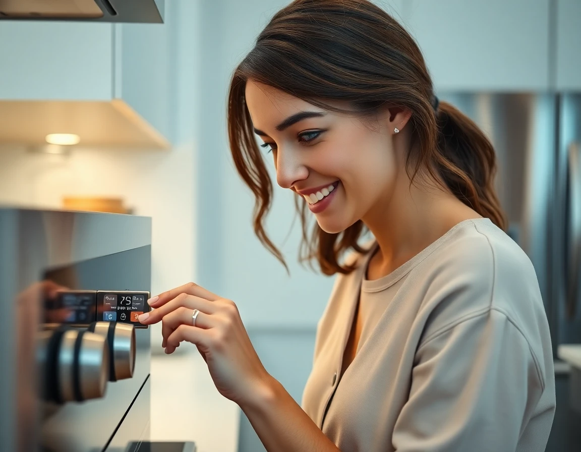 Woman examining digital control panel on Café Appliances oven, modern kitchen, confident expression