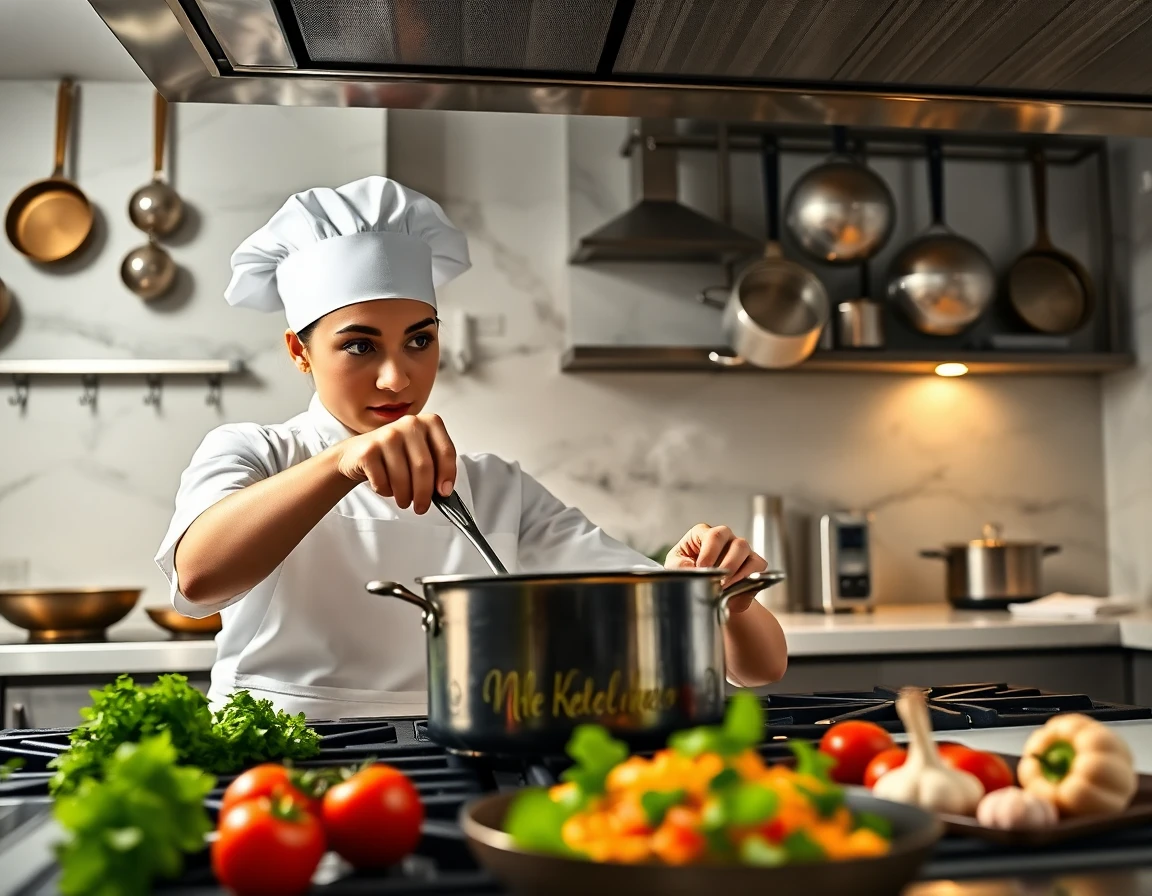 professional chef cooking with Cafe range in high-end kitchen with dramatic lighting