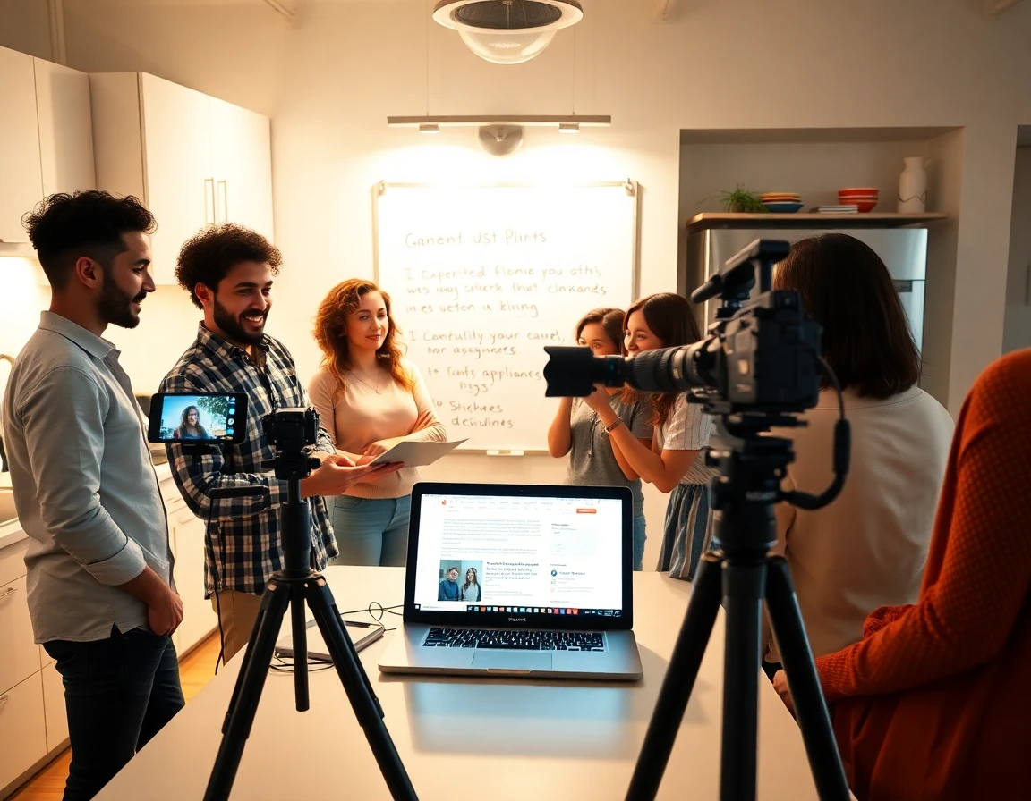 Creative team brainstorming guest post guidelines in bright home studio with appliances