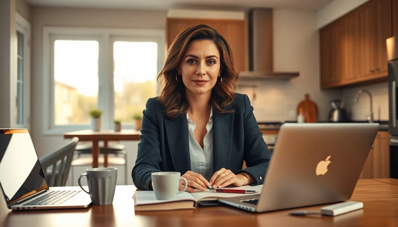 Stylish woman writing at home office with Cafe Appliances in warm, inviting lighting